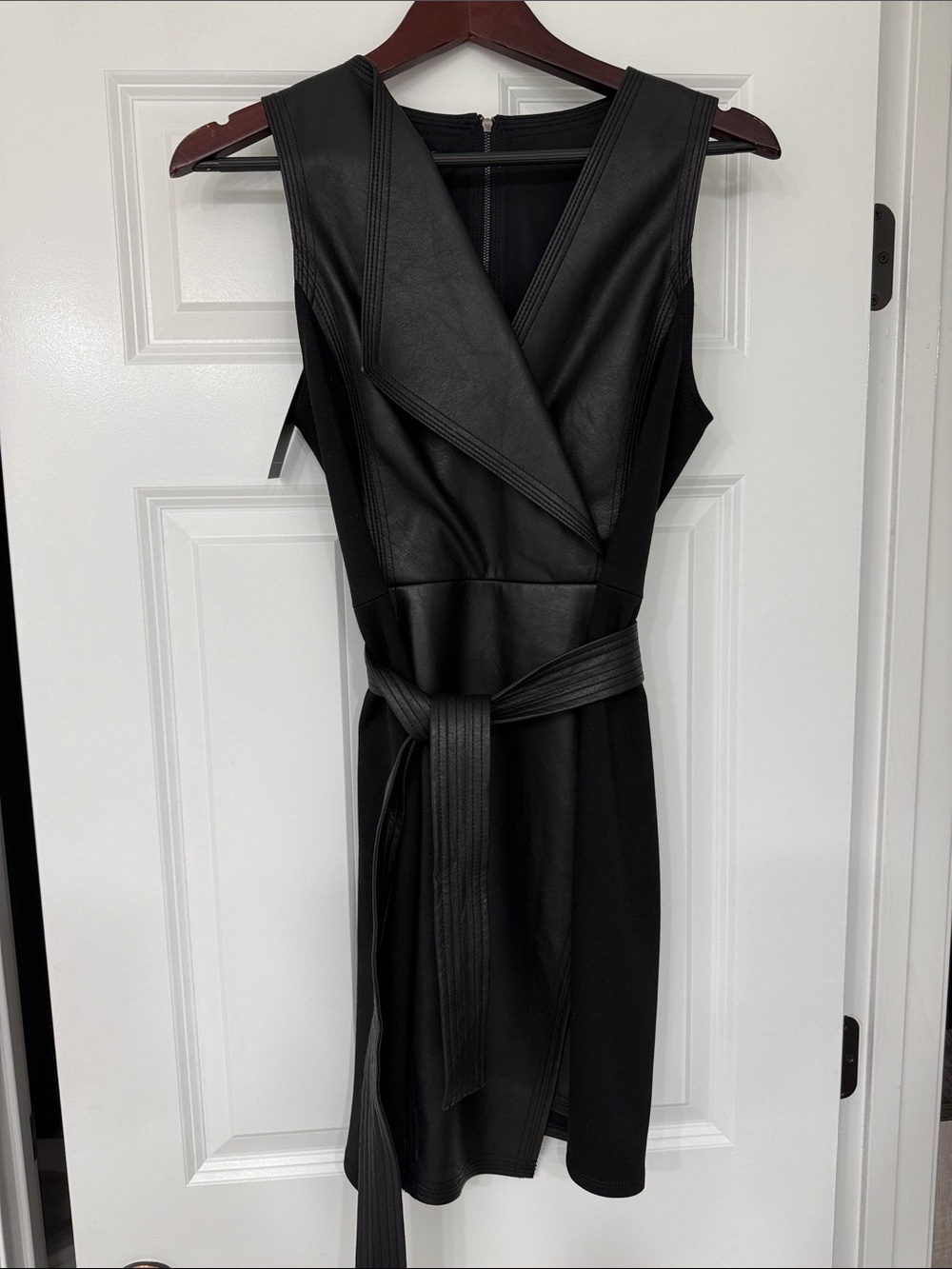 BCBGMaxAzria Black Faux-Leather Wrap Mini Dress with Tie Belt